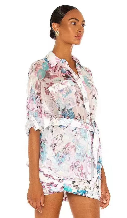 Conjuntos de falda camisera floral corta regular con cinturón elegante para mujer