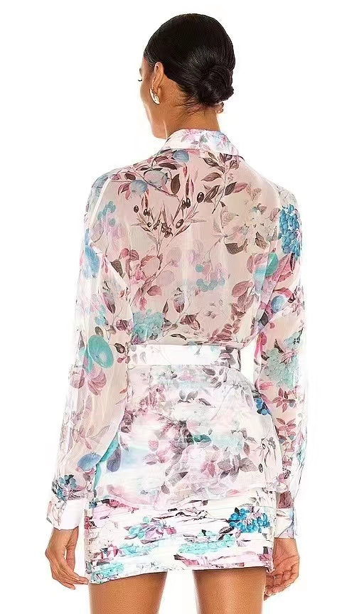 Conjuntos de falda camisera floral corta regular con cinturón elegante para mujer