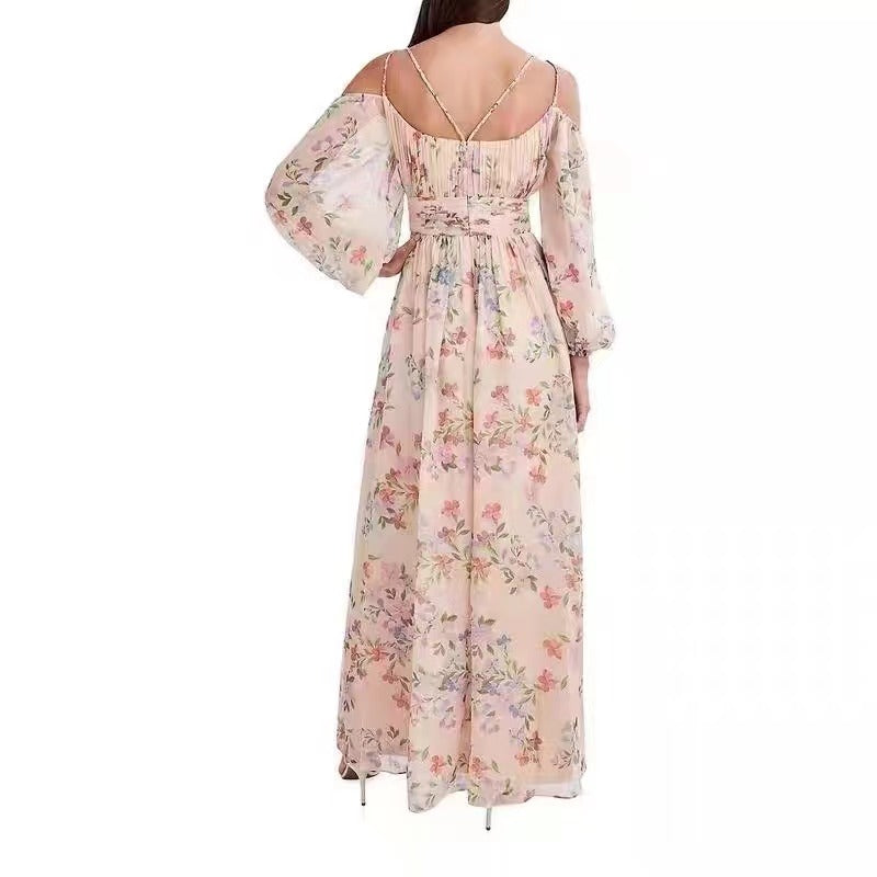 Vestido maxi de manga larga de tul de encaje floral con cuello en V elegante y formal para mujer