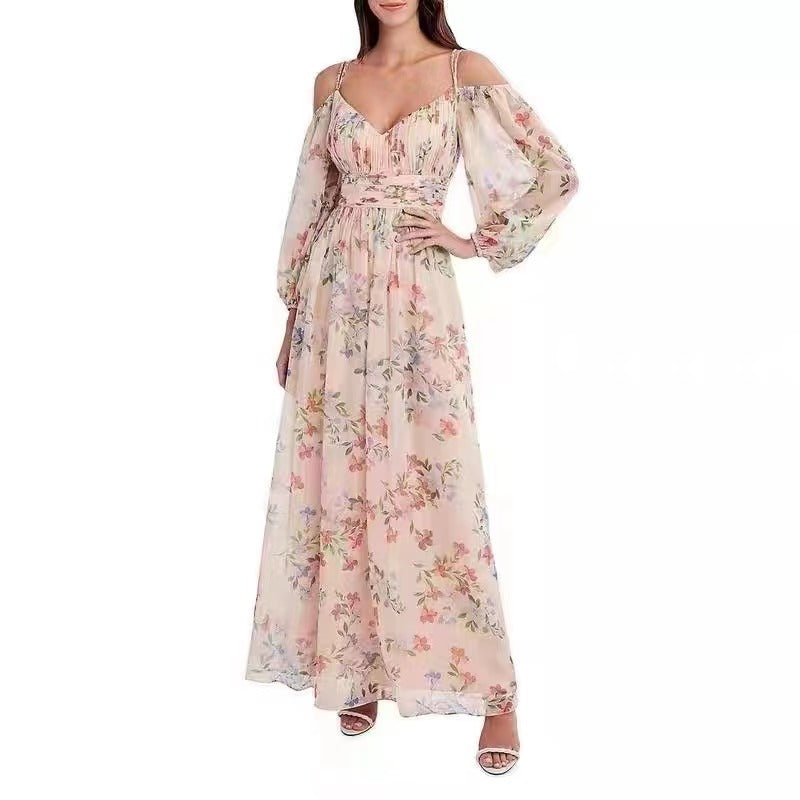 Vestido maxi de manga larga de tul de encaje floral con cuello en V elegante y formal para mujer