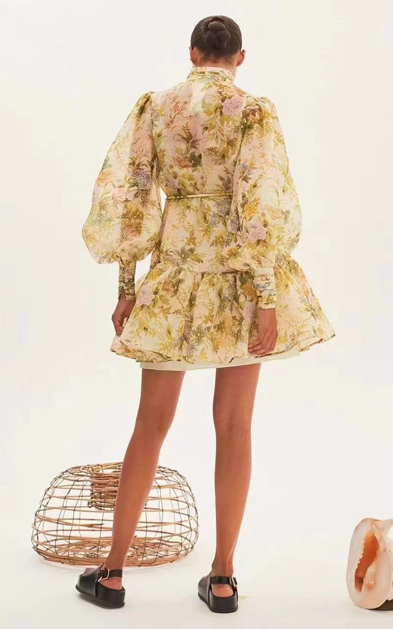 Women Spring Fall Vacation Floral Belted Lantern Sleeve Stand Collar Elegant Shirt Dress Short Dress