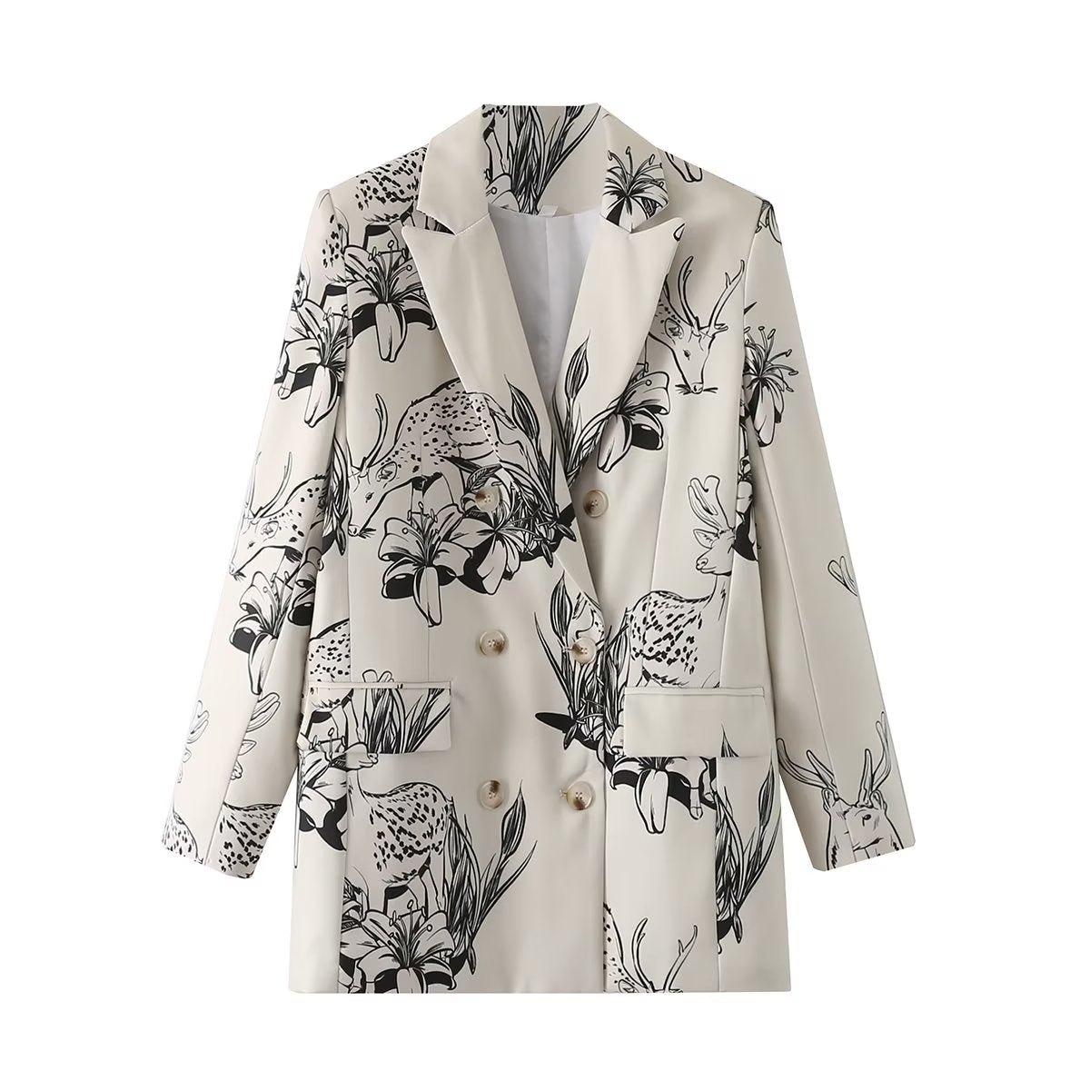 Autumn Women Clothing Black White Printed Blazer