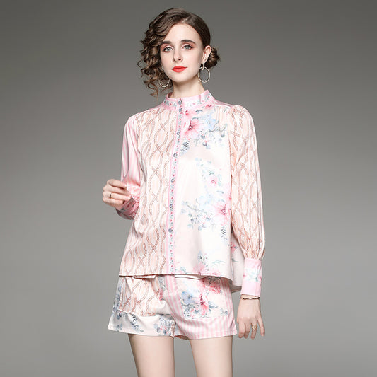 Fashion Lantern Sleeve Printed Shirt Short Pants Set With Belt