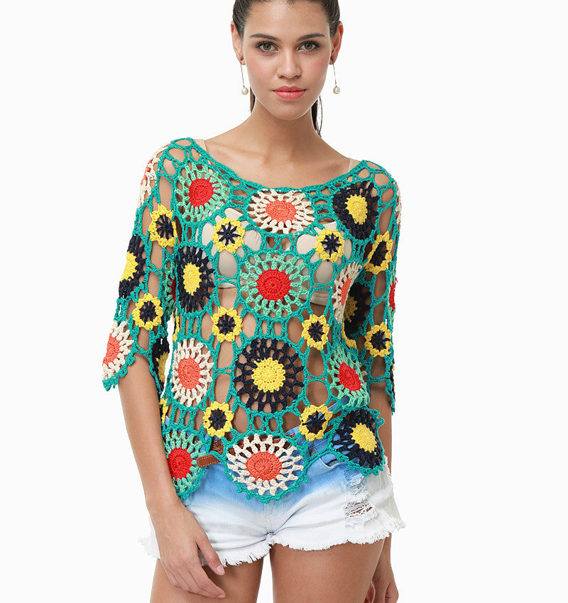 Handmade Crochet Hollow-out Floral Beach Blouse Sleeve Top