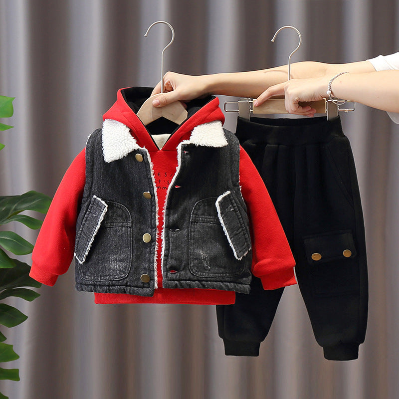 Boys and girls children's autumn and winter jeans Plush suit