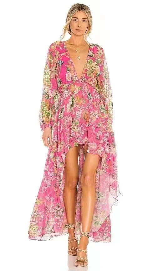 Women Sping Fall V Neck Vacation Long Sleeve Floral A Line Maxi Ruffled Tiered High Low Dress