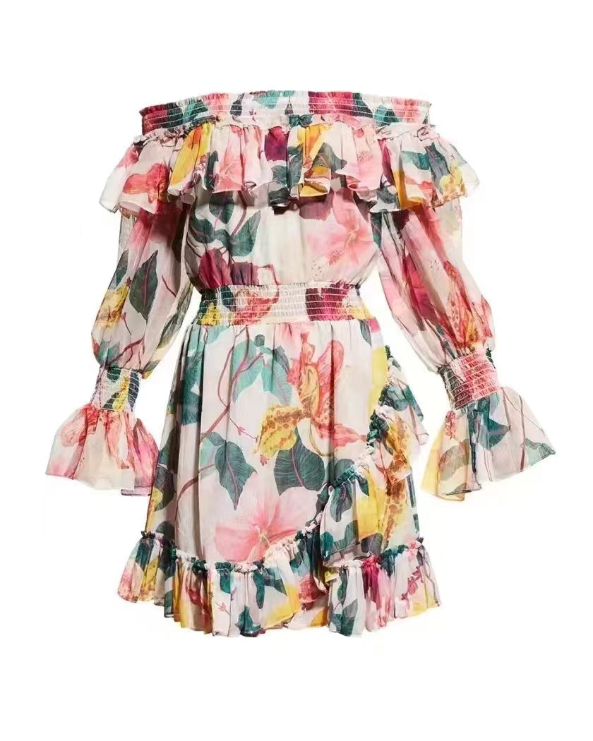 Women Sping Fall Floral Off Shoulder Elegant Long Sleeve Smocked A Line Ruffled Dress