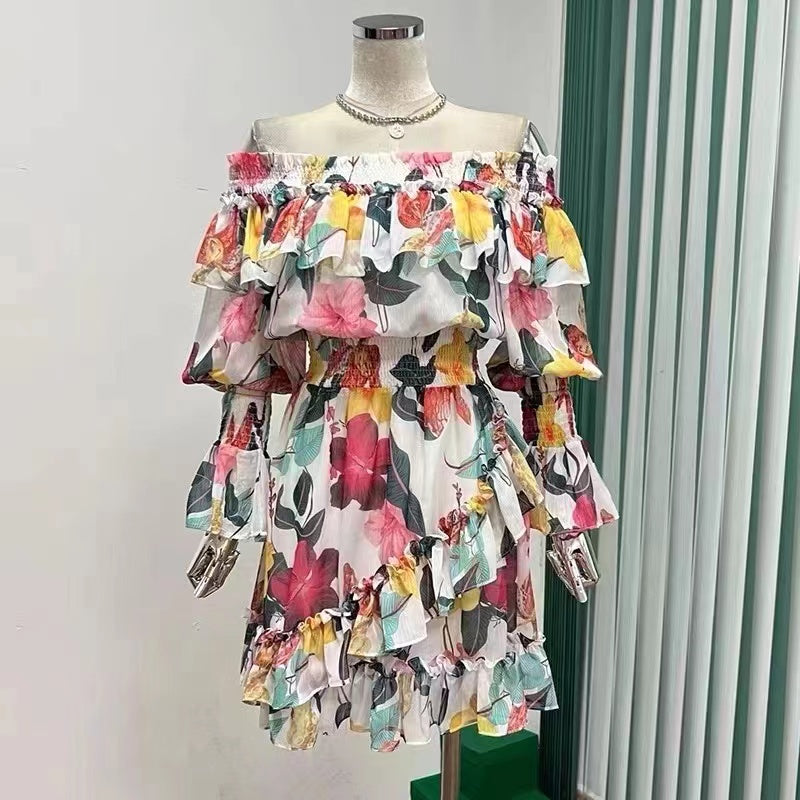 Women Sping Fall Floral Off Shoulder Elegant Long Sleeve Smocked A Line Ruffled Dress