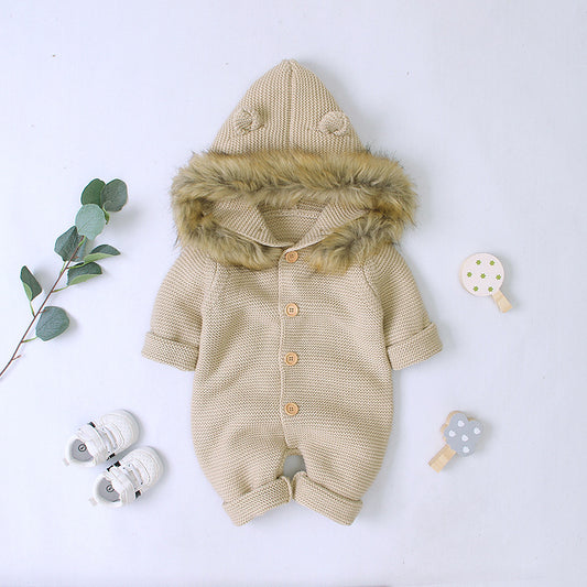 Children's Hooded Fur Collar Knitted Jumpsuit