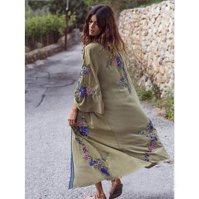 Europe et états-unis nouvelles femmes industrie lourde broderie fleur armée vert kimono bohème cardigan robe 342 