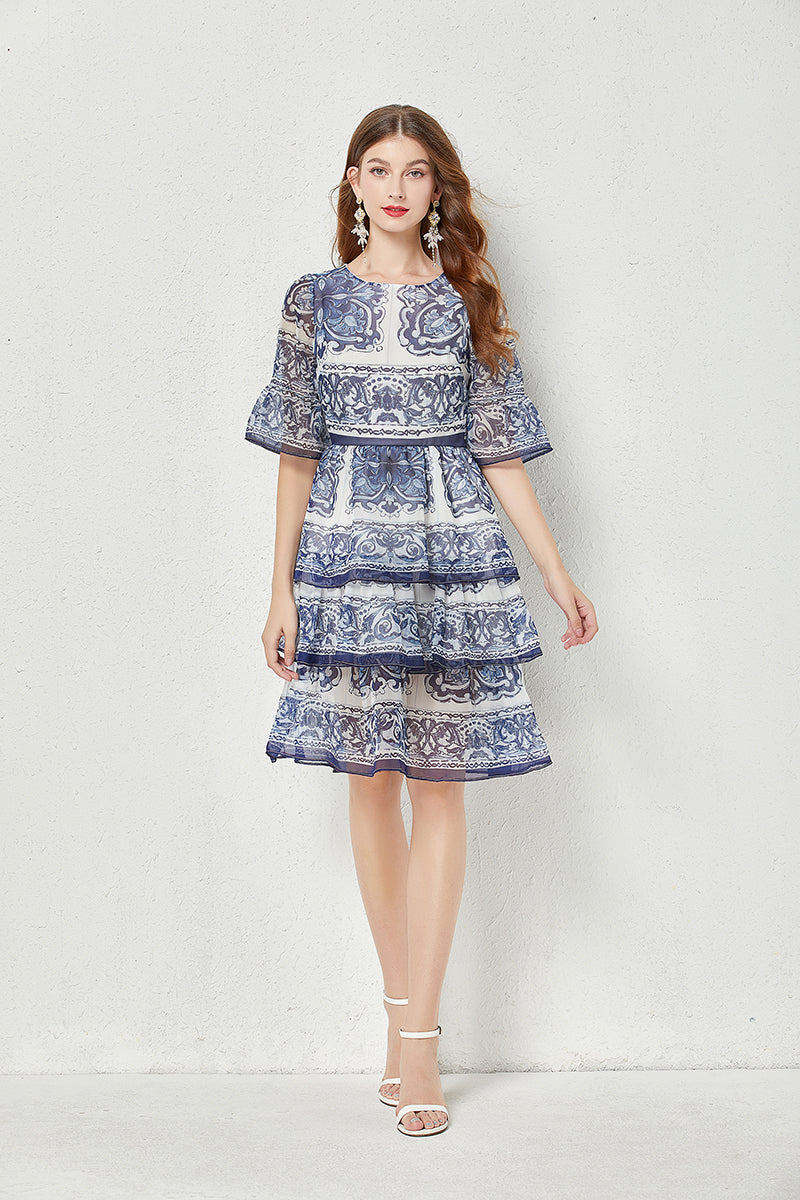 Women Summer High End Blue And White Porcelain Printed Horn Sleeve 3 Layer Cake Dress Silk Large Pendulum Dress