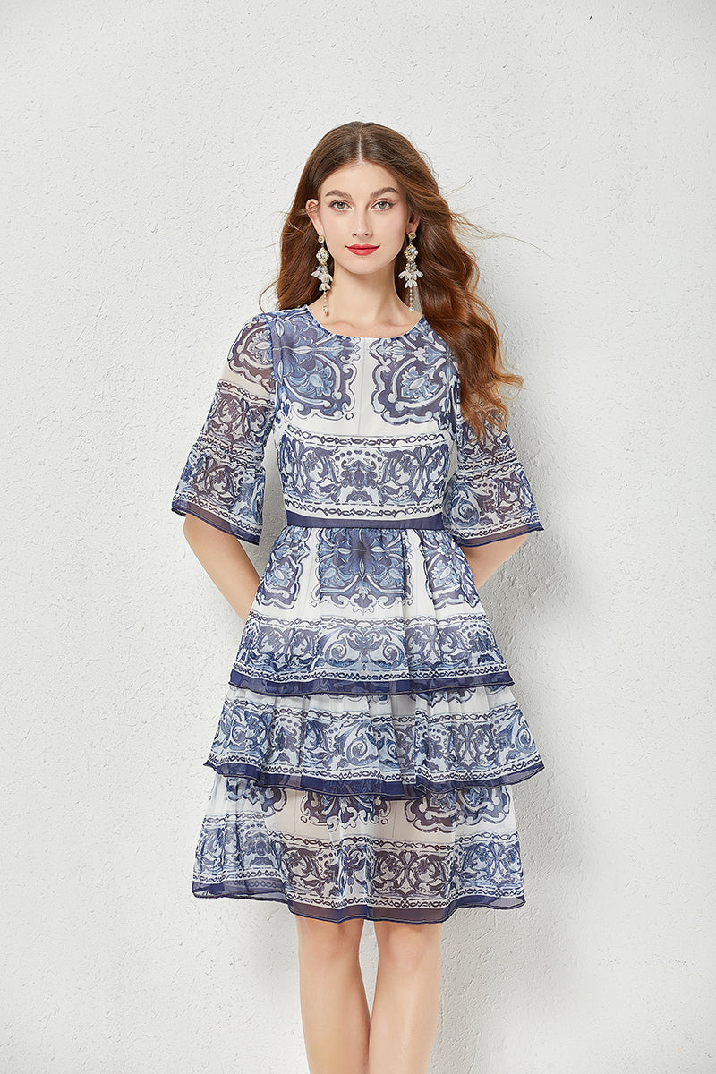 Women Summer High End Blue And White Porcelain Printed Horn Sleeve 3 Layer Cake Dress Silk Large Pendulum Dress