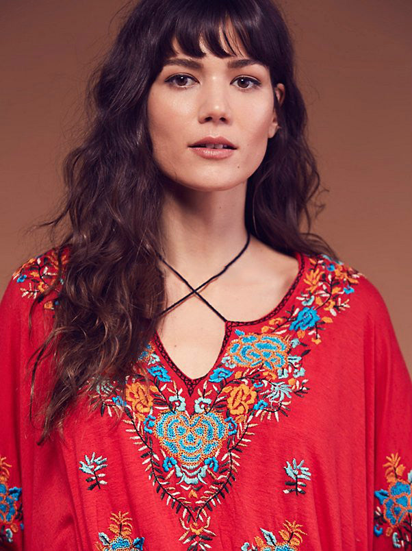 Women Summer V Neck Lace Up Bohemian Vacation Gorgeous Embroidered Top