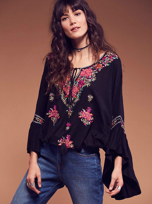 Women Summer V Neck Lace Up Bohemian Vacation Gorgeous Embroidered Top