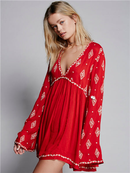 Vestido largo elegante con bordado bohemio para mujer, primavera y otoño, vestido liso con bordado de hadas