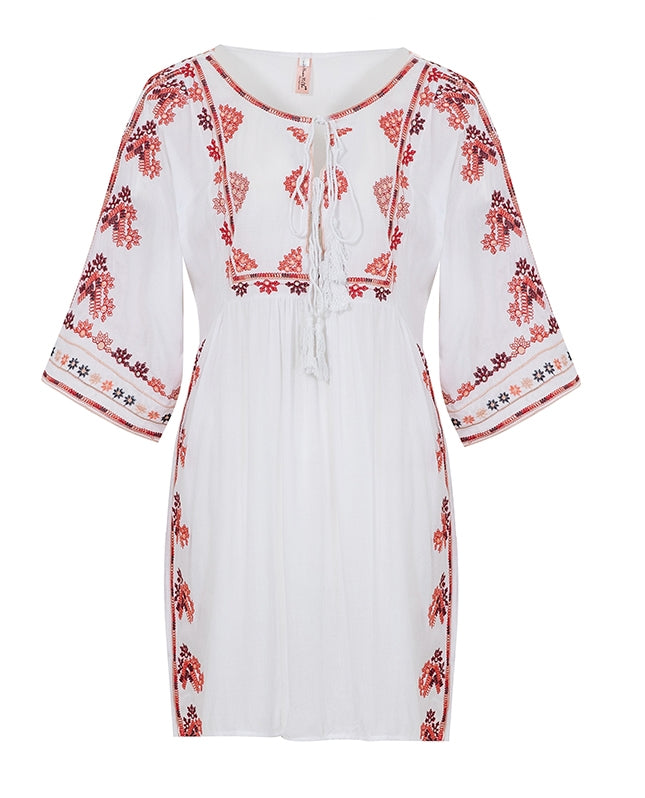 Women Spring And Summer New Embroidered Bohemian Holiday Style BabyDoll Wind Solid Color Loose Dress