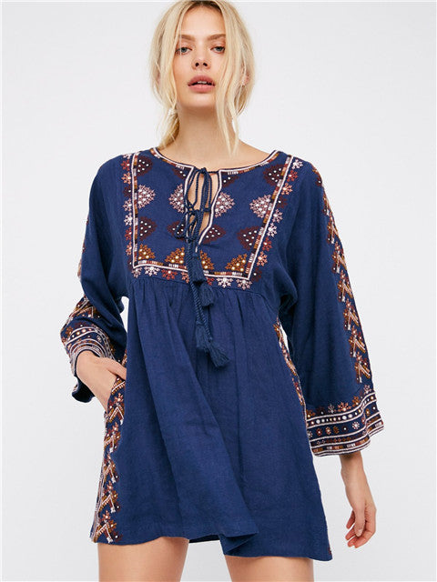 Women Spring And Summer New Embroidered Bohemian Holiday Style BabyDoll Wind Solid Color Loose Dress