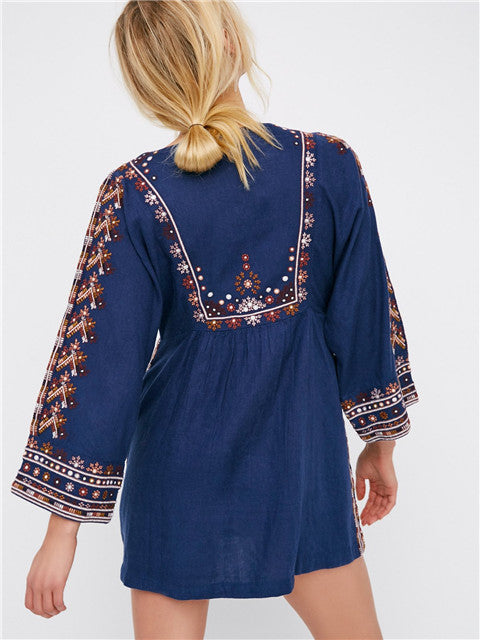 Women Spring And Summer New Embroidered Bohemian Holiday Style BabyDoll Wind Solid Color Loose Dress