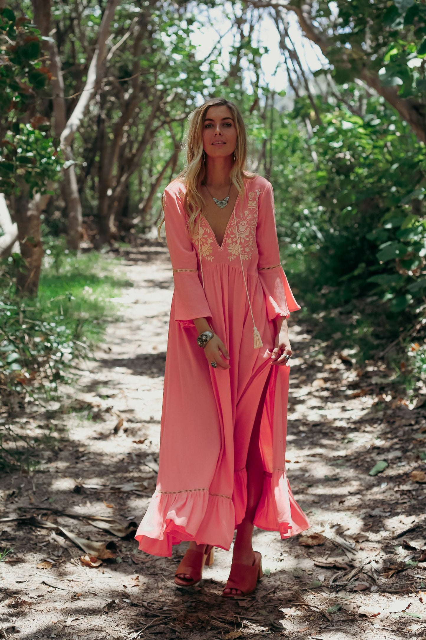 Women Spring and Summer Bohemian Vacation Elegant Embroidered Solid Color Slits Long Dress