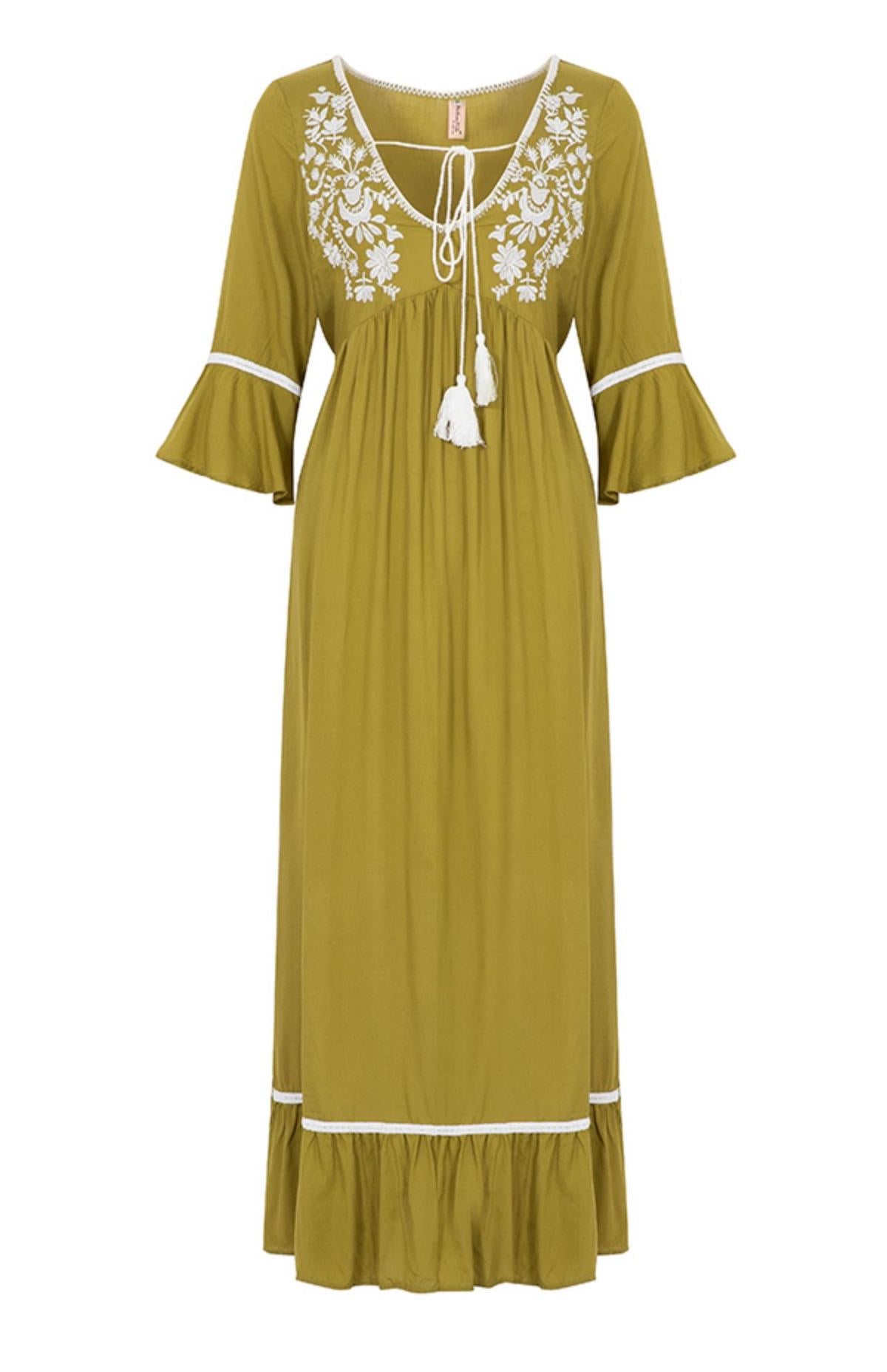 Women Spring and Summer Bohemian Vacation Elegant Embroidered Solid Color Slits Long Dress