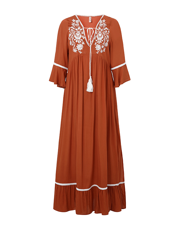 Women Spring and Summer Bohemian Vacation Elegant Embroidered Solid Color Slits Long Dress