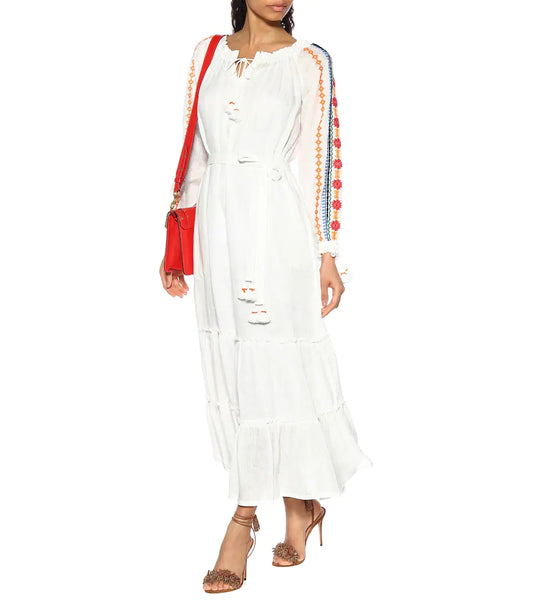 Women Spring And Summer Bohemian Holiday Style Strap Embroidered Tassel Long Sleeve Dress