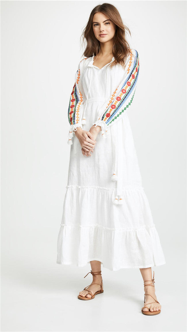 Women Spring And Summer Bohemian Holiday Style Strap Embroidered Tassel Long Sleeve Dress