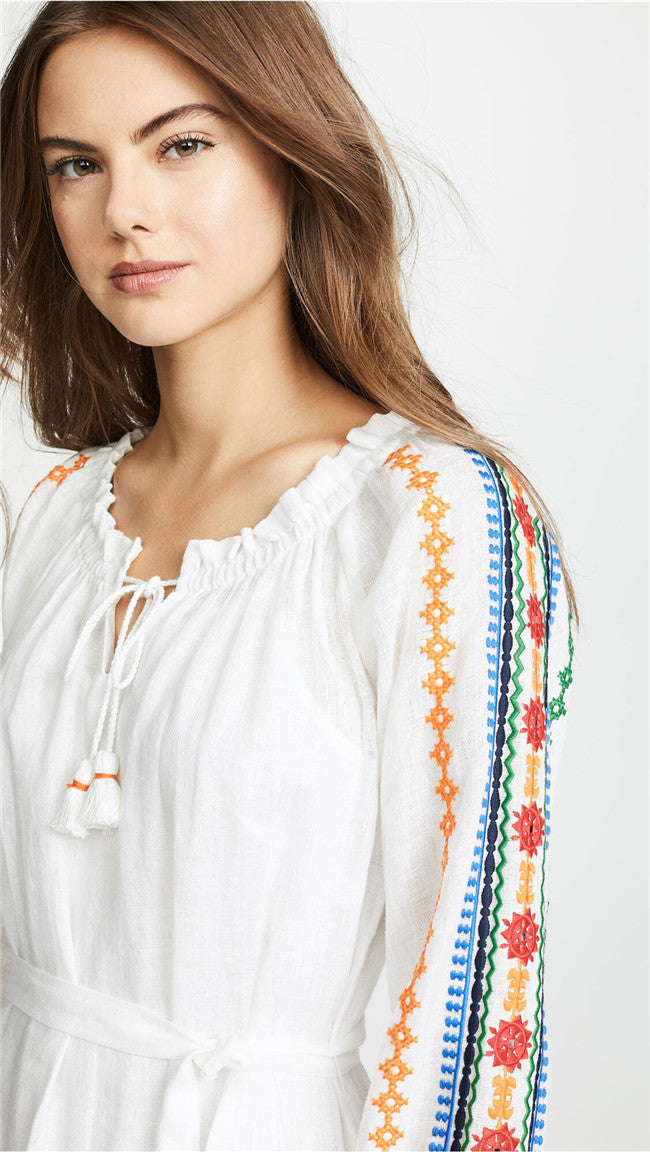 Women Spring And Summer Bohemian Holiday Style Strap Embroidered Tassel Long Sleeve Dress