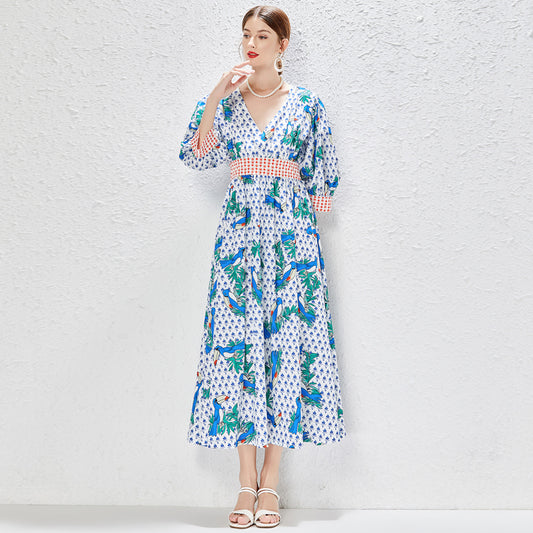 V Neck Daily Elegant Spring Summer Fall Bubble Sleeve Printed Regular Printed Floral Waist A Line Maxi Dress