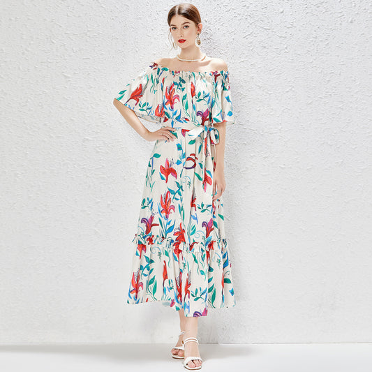 Elegant Regular Off Shoulder Smocked Belted Floral Loose Maxi A Line Dress