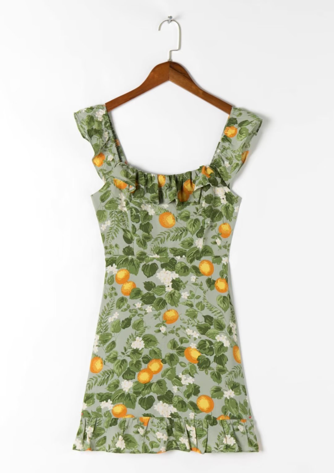 Vestido de oficina de verano corto con tirantes verdes, tipo adelgazante, estampado, cintura alta y volantes para mujer