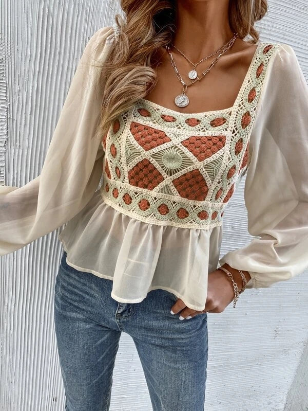 Women Spring Fall Elegant Regular Long Sleeve Color Block Patchwork Blouses