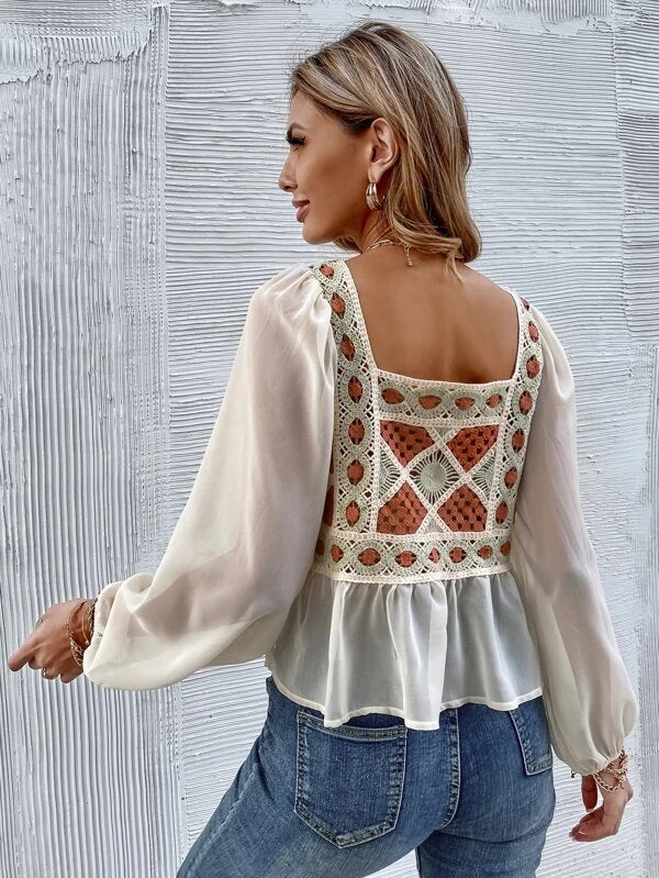 Women Spring Fall Elegant Regular Long Sleeve Color Block Patchwork Blouses