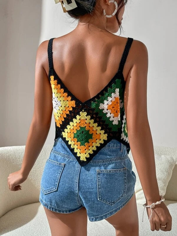 Women Summer Vacation Geometric V Neck Crochet Camis