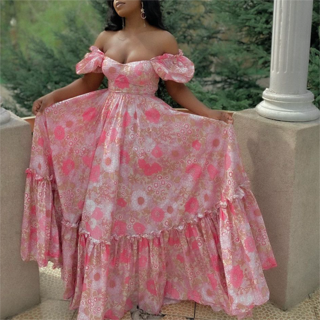 Robe à taille contrôlée à imprimé floral rose à manches bouffantes pour femme