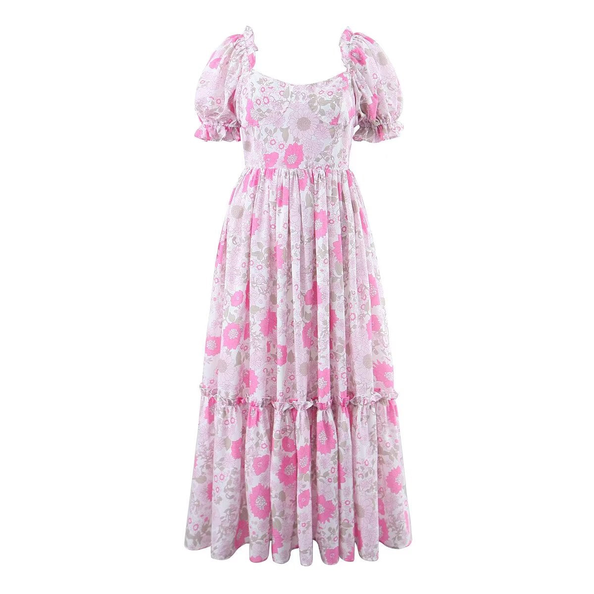 Autumn Women Clothing Puff Sleeve Pink Floral Printed Waist Controlled Dress