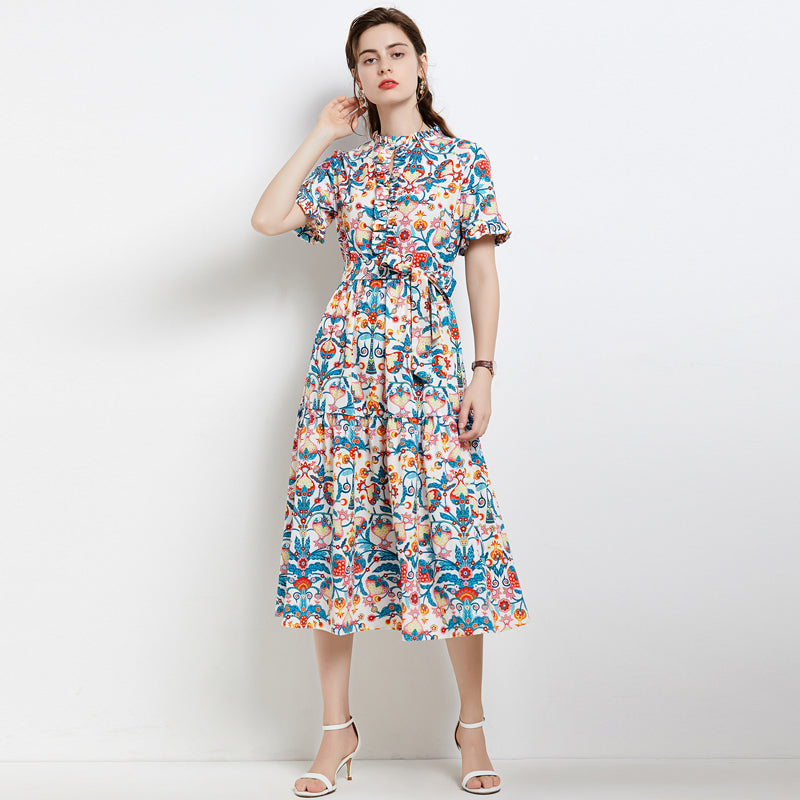 Vestido elegante de verano para mujer, nuevo, ajustado, regular, con cinturón, floral, corte A, largo hasta el tobillo