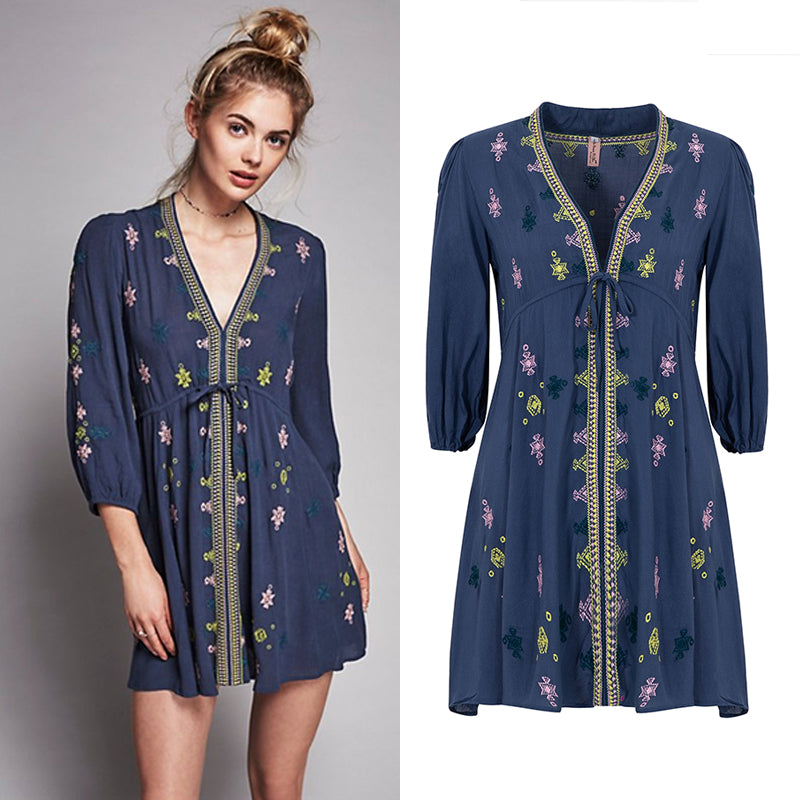 Women Spring and Summer New Bohemian V Neck Embroidered Dress