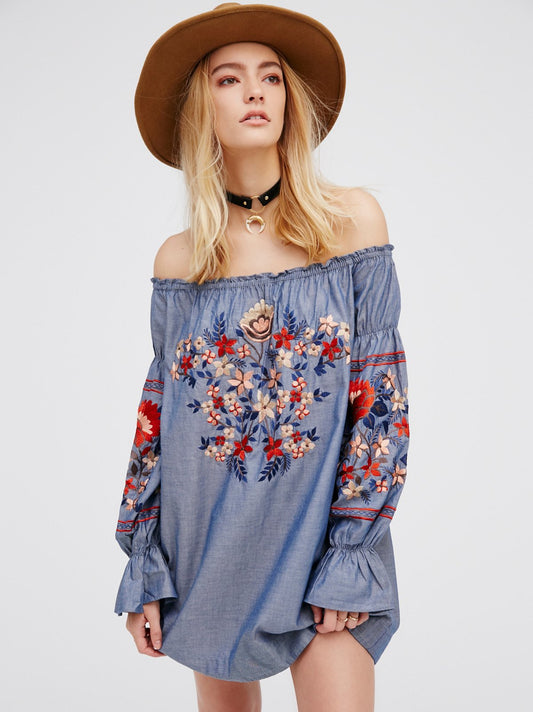 Women Spring and Summer New Bohemian Denim Cotton Embroidered Shoulder Dress