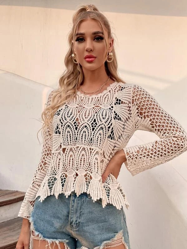 Women Summer Vacation long sleeve Floral Crochet Top