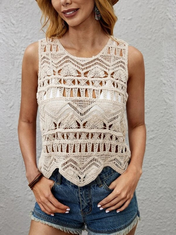 Blusa lisa de crochet sin mangas para vacaciones de verano para mujer