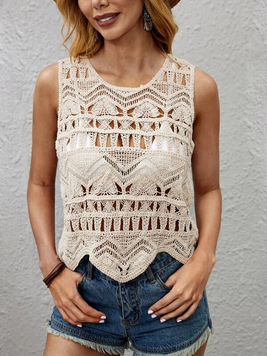 Blusa lisa de crochet sin mangas para vacaciones de verano para mujer