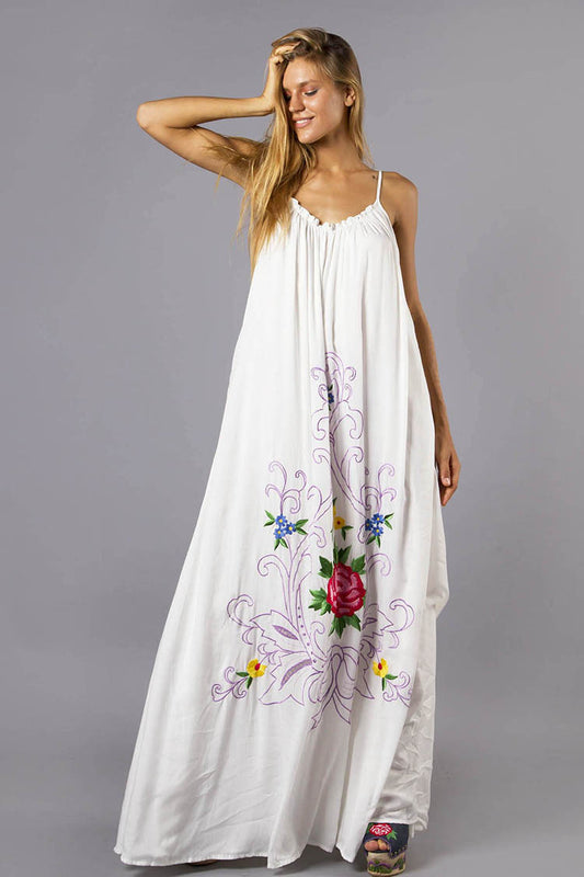 Women Summer Loose Vacation Elegant Flower Embroidered Sling Dress