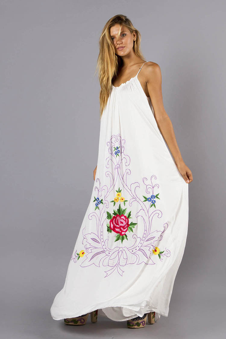 Women Summer Loose Vacation Elegant Flower Embroidered Sling Dress