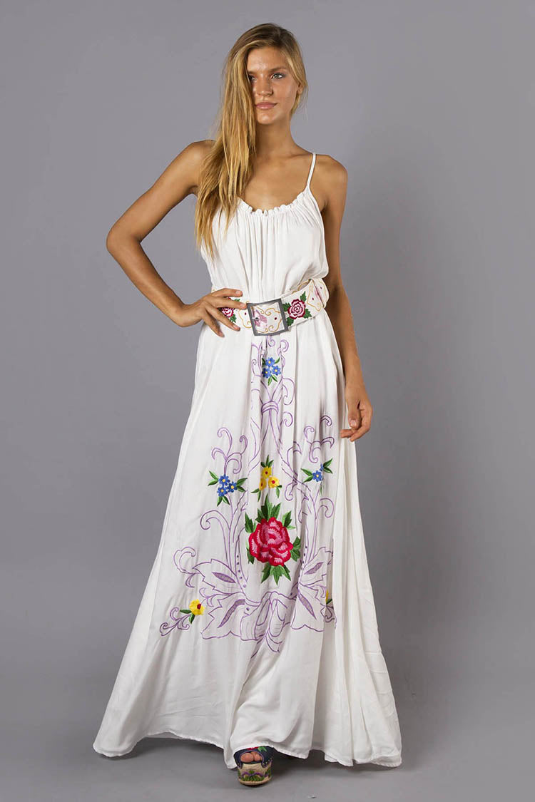 Women Summer Loose Vacation Elegant Flower Embroidered Sling Dress