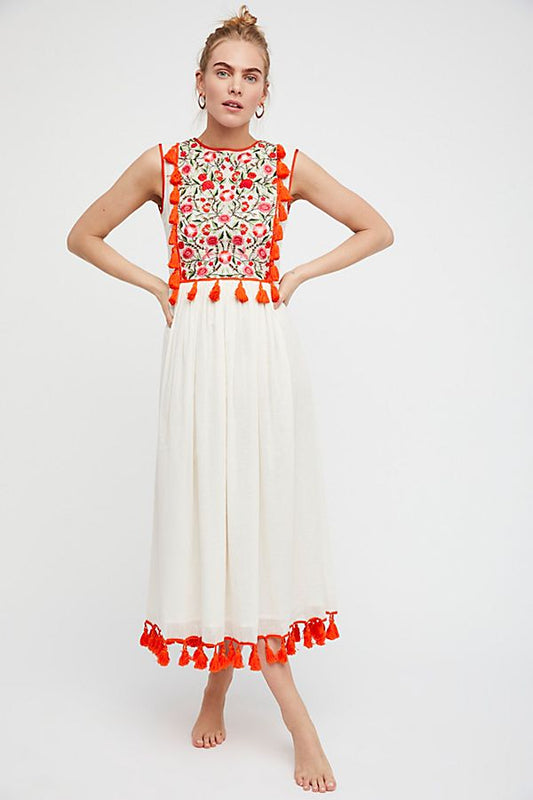 Women Summer New Bohemian Flower Embroidered Fringe trimmed Vest Dress