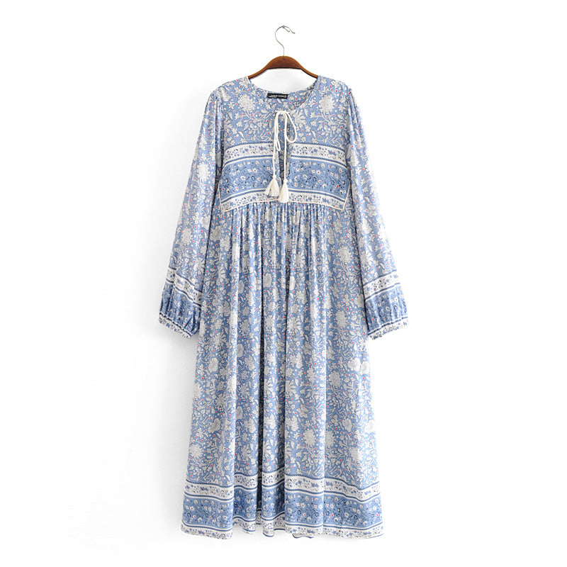 Robe longue en rayonne pour femme, printemps été, positionnement imprimé, bleu et blanc, porcelaine