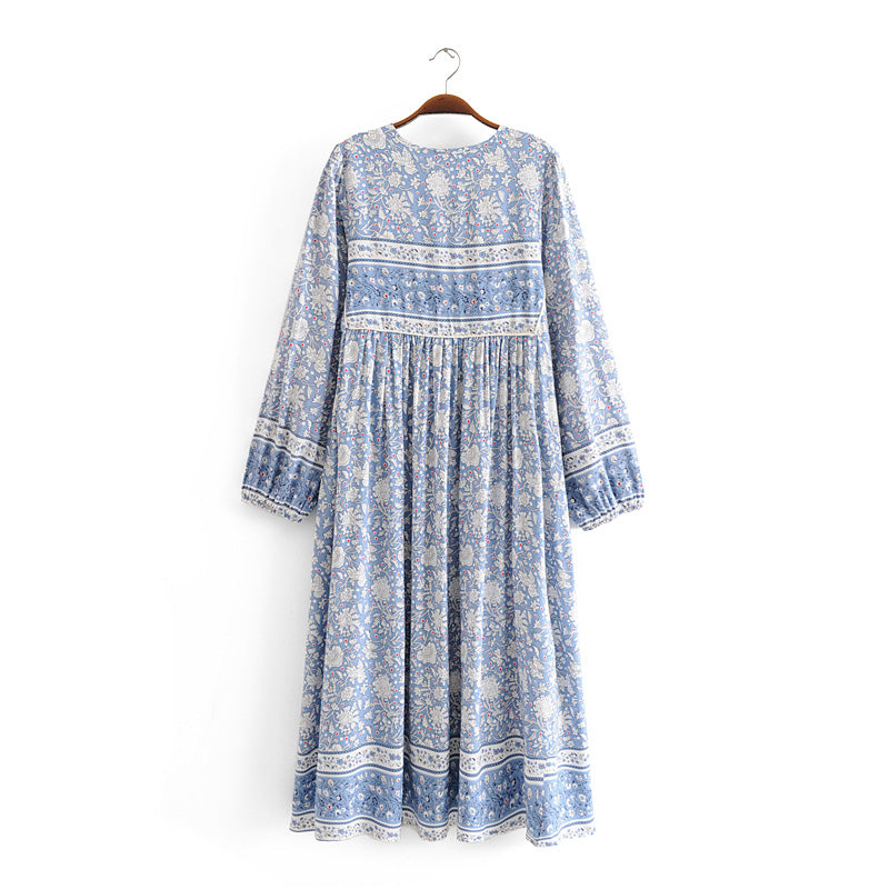 Robe longue en rayonne pour femme, printemps été, positionnement imprimé, bleu et blanc, porcelaine