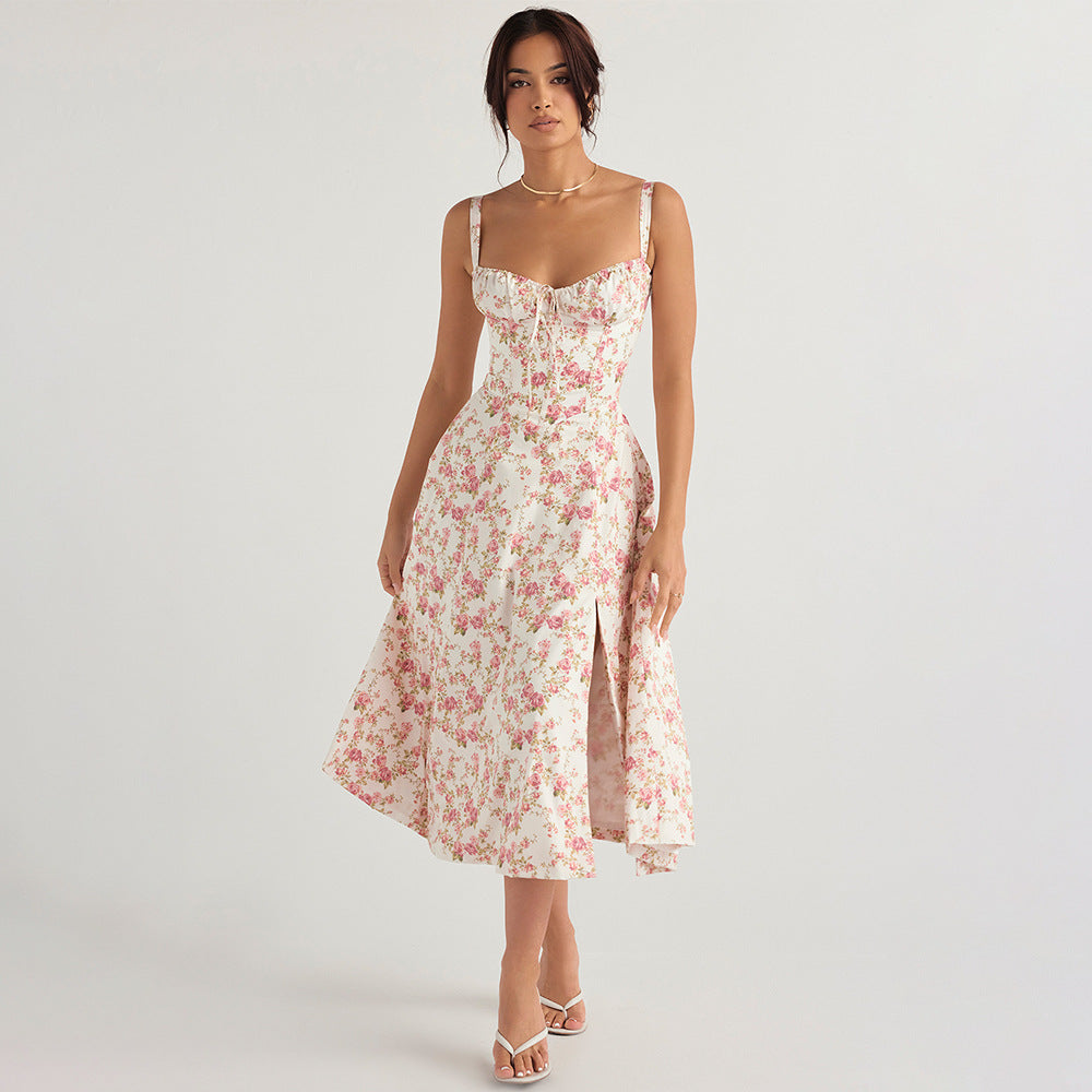 Vestido ajustado de tirantes con espalda descubierta y estampado floral para mujer, vestido de vacaciones de longitud media con abertura