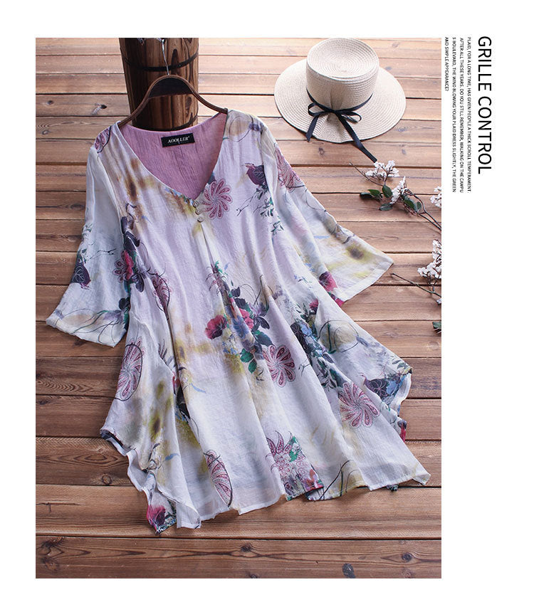 Vestido Floral con cuello en V, ropa holgada de algodón y lino de primavera para mujer de talla grande, camiseta, Top, ropa Floral de nicho para mujer